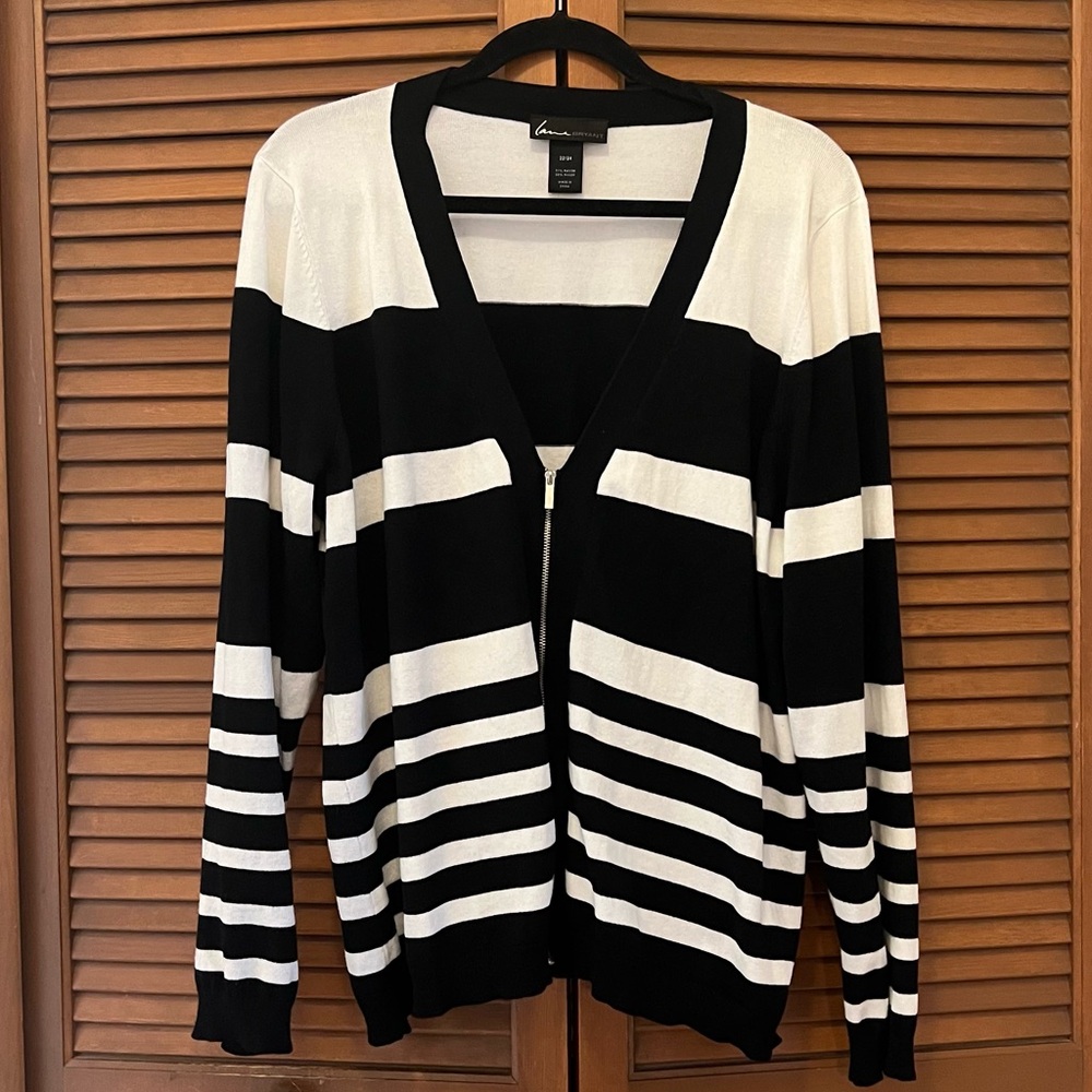 Lane Bryant Black and White Striped Zip-Front Cardigan